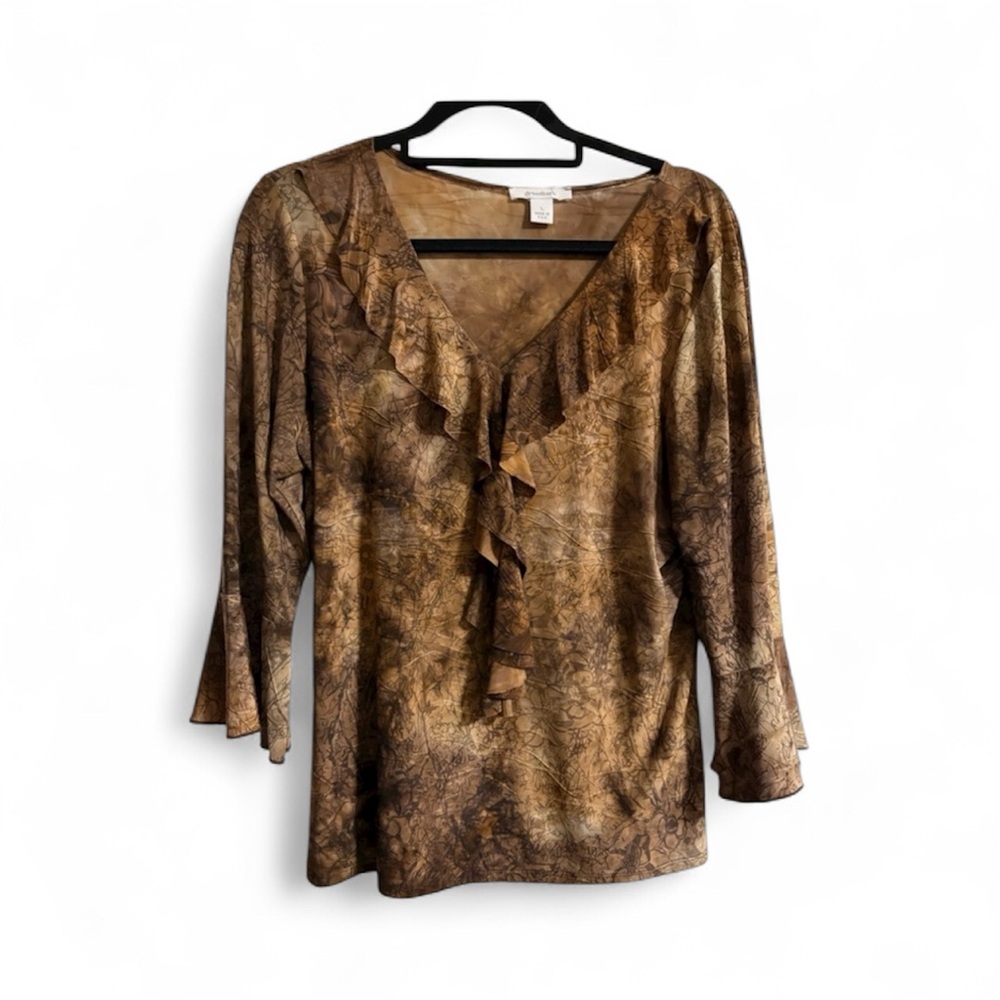 DRESS BARNS Vintage Brown Ruffled Women's Large Top